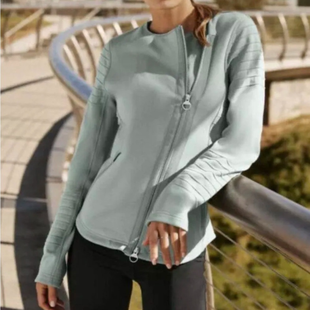 Athleta Moto Jacket Sweatshirt Knit Fleece Lined Zipper Pockets Minimalist Green
